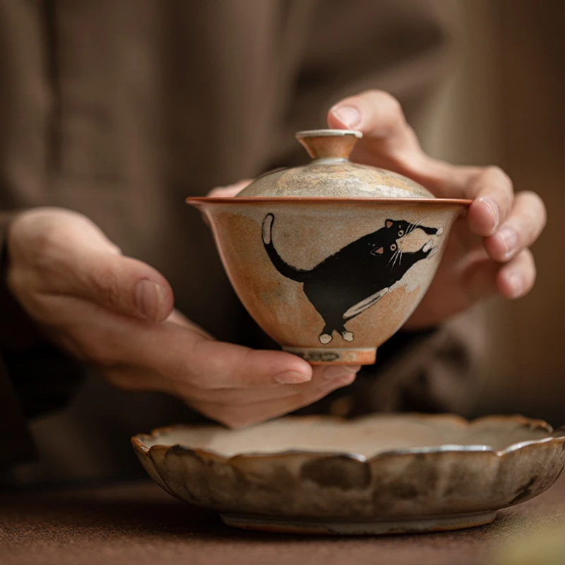 130 مللي خمر لطيف Zhi Ye القط الخزف Gaiwan مجموعة للشاي تورين Teaware كوب الصينية رسمت باليد الأطباق تشاوان حفل الشاي مجموعة