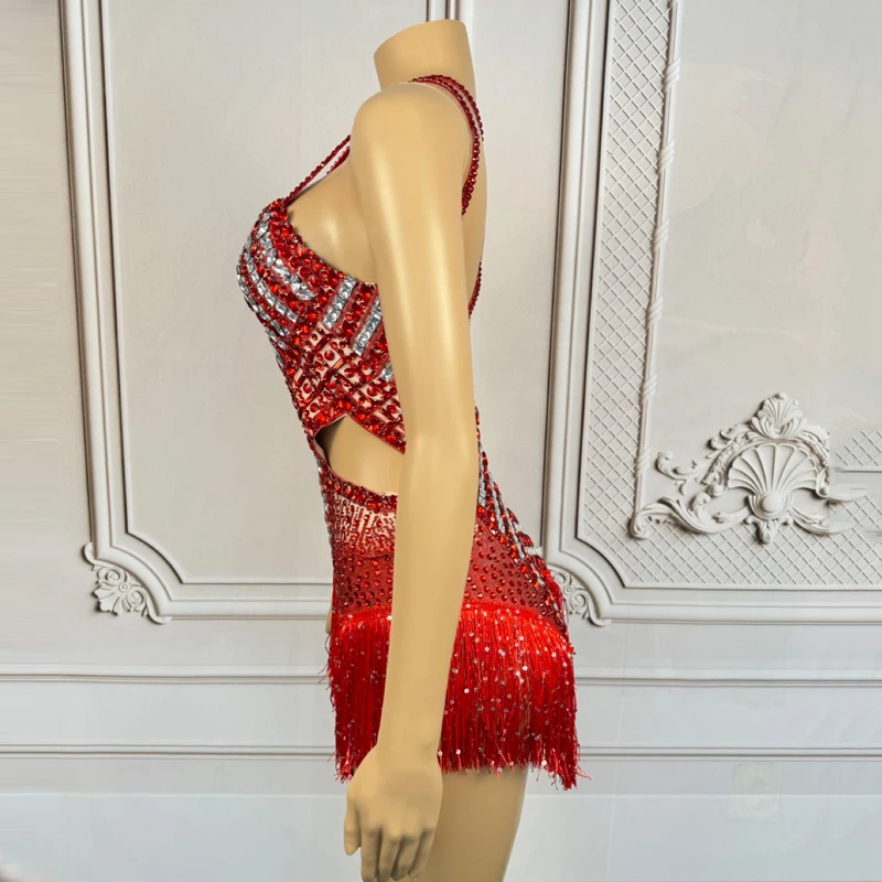 ドラッグクイーン衣装女性グループジャズダンス衣装赤いラインストーンフリンジボディスーツナイトクラブ Ds Dj パーティードレスゴーゴー着用 XS9519