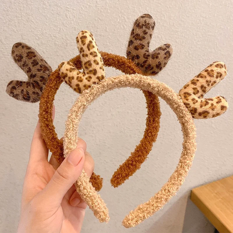 Cute Leopard Print Antler Hairbands Women Face Wash Headband Plush Christmas Hair Accessories