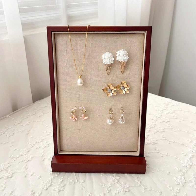 Wooden Earring Display Frame with Base Desktop Jewelry Showcase Board Walnut Color Necklace Stand Jewelry Storage Organizers