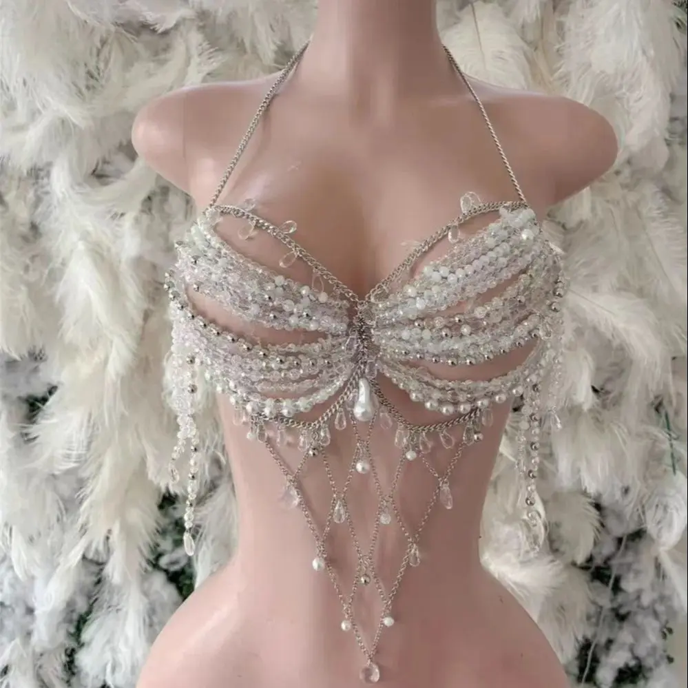 

New European & American Women's Handmade Beaded Necklace Metal Chain Fringe Halter Neck Body Chain Nightclub Outfit