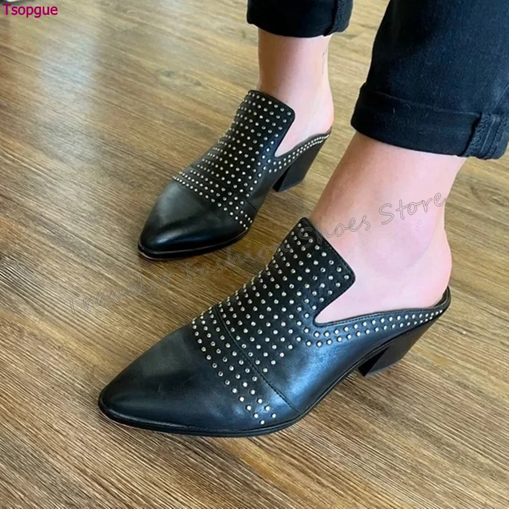 Black Rivet Decor Pointed Toe  Slippers Chunky High Heels High Heel Shoes for Women Heels Party Shoes 2024 Zapatos Para Mujere