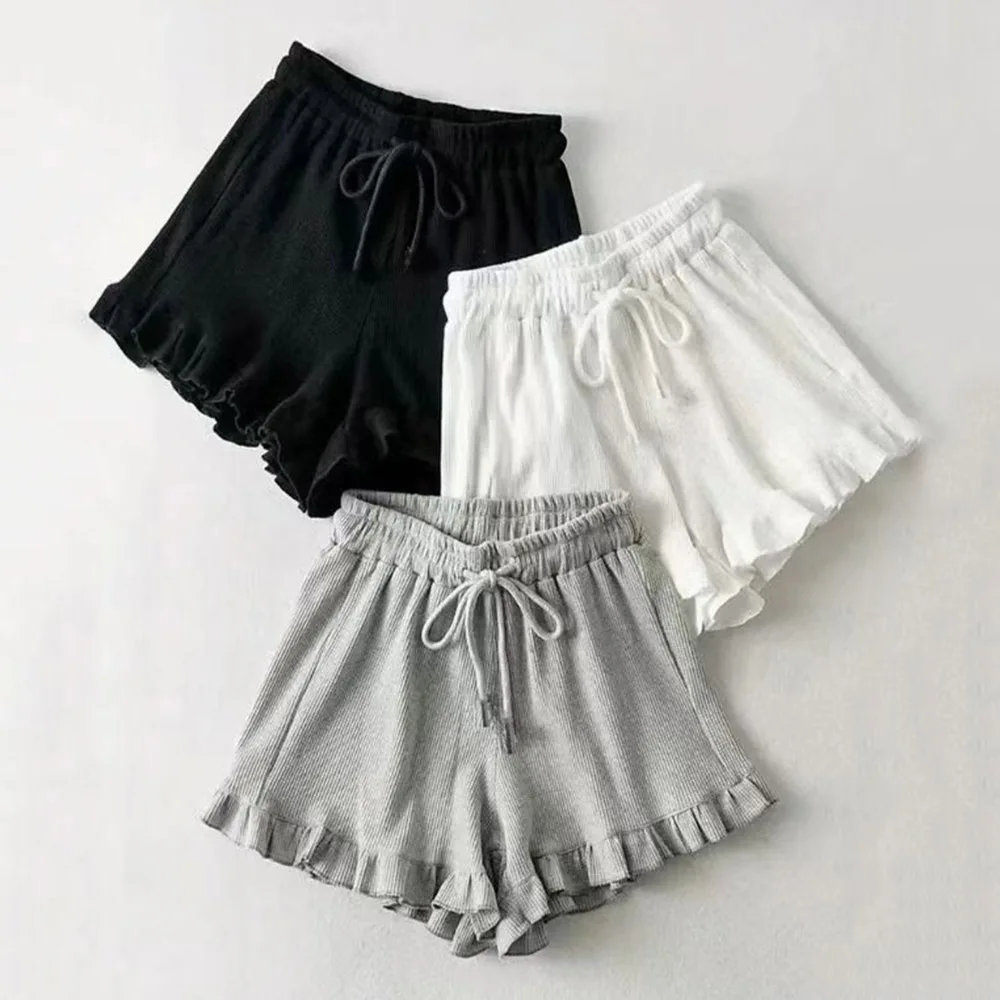 

Korean Ruffle Women Shorts Casual Wide-legged Drawstring A Pants Elastic Waist Gym Yoga Shorts Versatile Female home Shorts