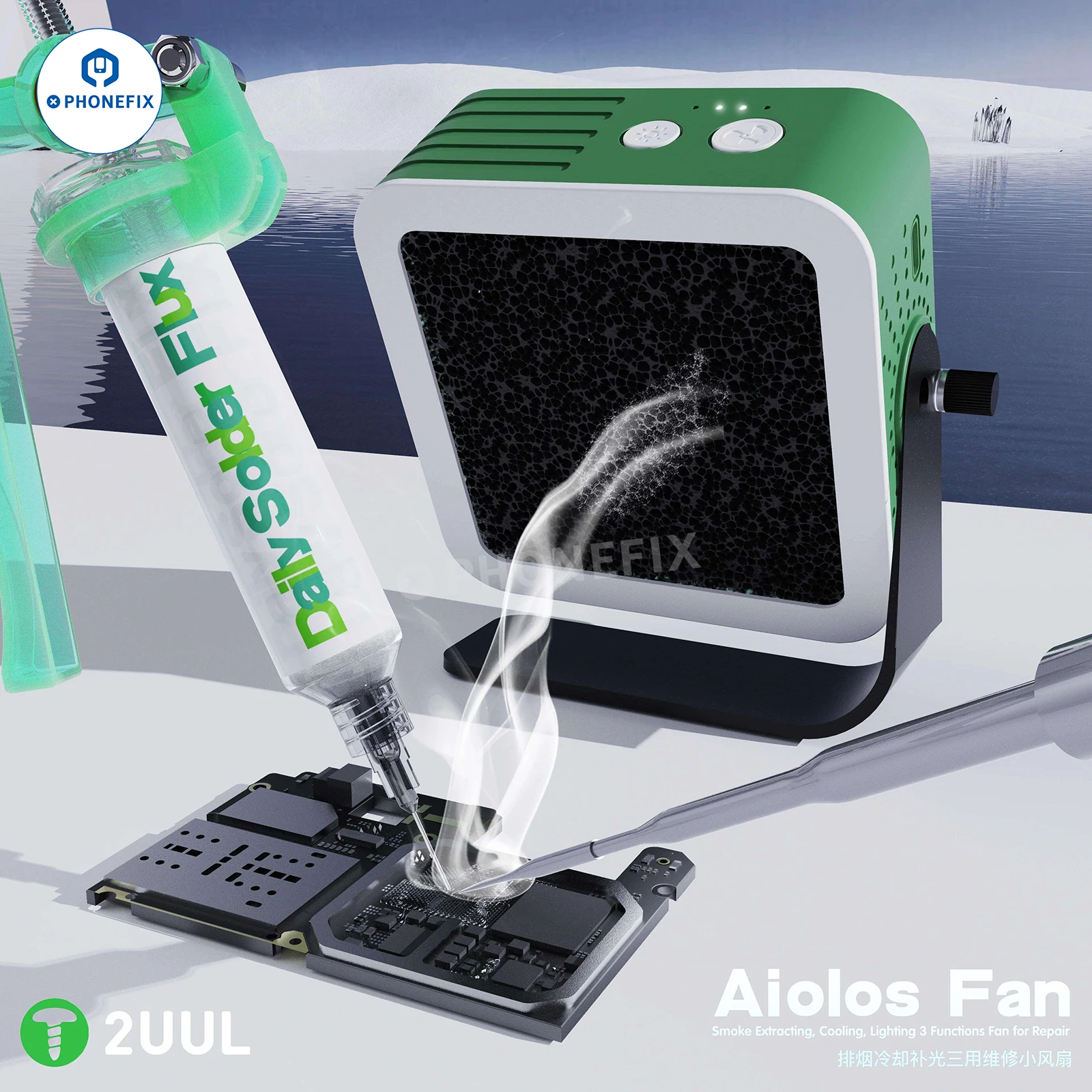 

2UUL Aiolos Smoke Extracting Fan Fume Extracting Cooling Lighting 3 in 1 Mini Fan with Carbon Filter for Phone Welding Repair