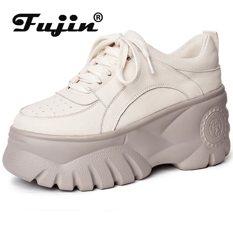 Fujin Genuine Leather 8.5cm Super Thick Sole Platform Women Shoes Chunky Sneakers Ins Za Women Vulcanized Shoes Sneakers