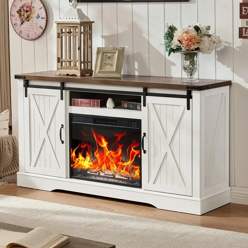 58 Fireplace TV Stand for TV up to 65 Inch with Farmhouse Tall Sliding Barn Doors Entertainment Center with Storage