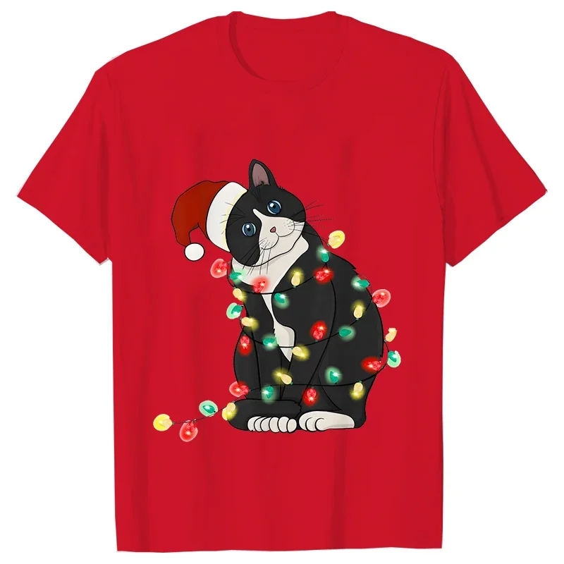 2026 الموضة العصرية تي شيرت قصير الأكمام تيز للنساء مضحك أضواء عيد الميلاد القط تي شيرت الإناث الكورية ملابس الشارع الشهير غير رسمية