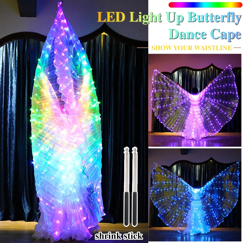 Led Butterfly Wings Colorful Belly Dancer Costume Light Up Cape With Telescopic Glow Party Neon Party Rave For Adult Kids Women