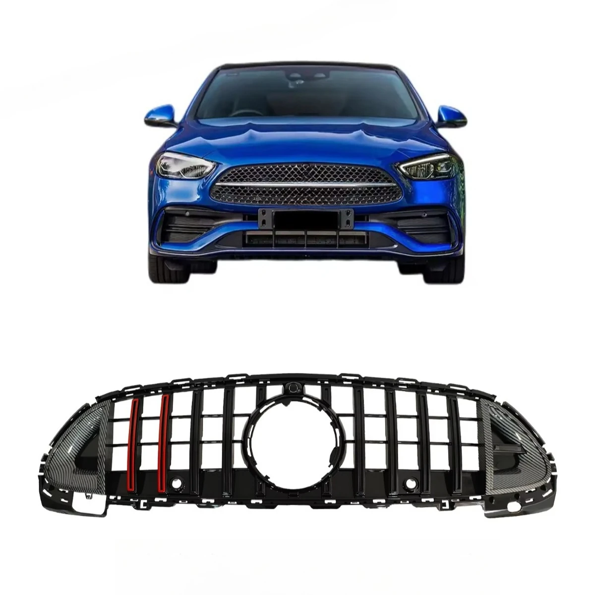 

Auto Accessories 2022+ ROCKET GT Style Gloss Black Carbon Look Red Stripes Car Front Bumper Grille for W206