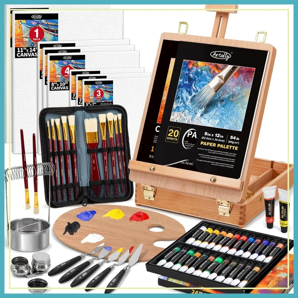

82Pcs Oil Painting Set with Easel, 24 Colors & 10 Brushes, Art Supplies Kit for Beginners & Artists