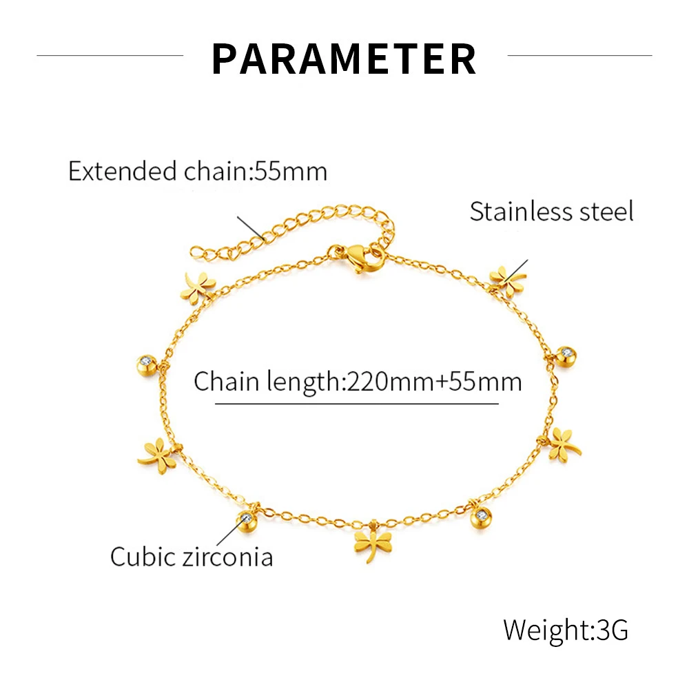 DIEYURO 316L Stainless Steel Golden Dragonfly Round Zircon Pendant Anklet For Women New Fashion Foot Chain Jewelry Holiday Gift