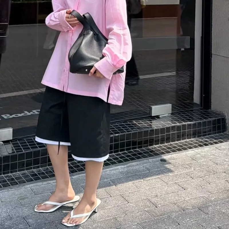 Faux Two-Piece Twill Polyester Wool Drawstring Elastic High-Waisted Bermuda Wide-Leg Casual Shorts for Women