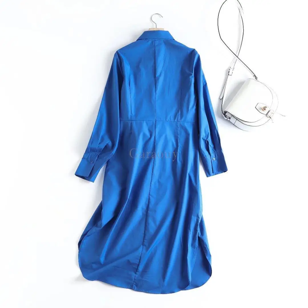 Garaouy 2022 Spring Fashion Women Blue Shirt Dress With Slash Vintage Long Sleeve Office Ladies Midi Dress Sundress Robe Mujer