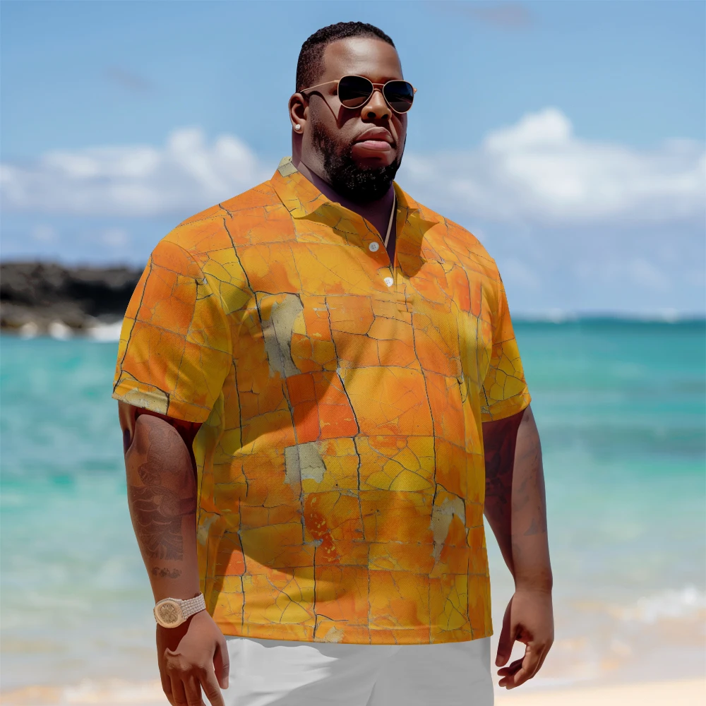 

1 men's plus size polo shirt with summer orange checkered print casual lapel button suitable for shopping and golf