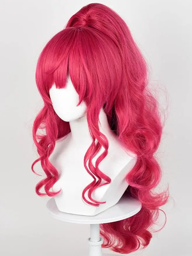 Długa Kręcona Peruka Cosplay z Grzywką w Kolorze Różowo-Czerwonym, Peruki Kucyk Anime w Kolorze Czerwono-Różowym, Urocze Peruki Kucyk dla Kobiet na Halloween