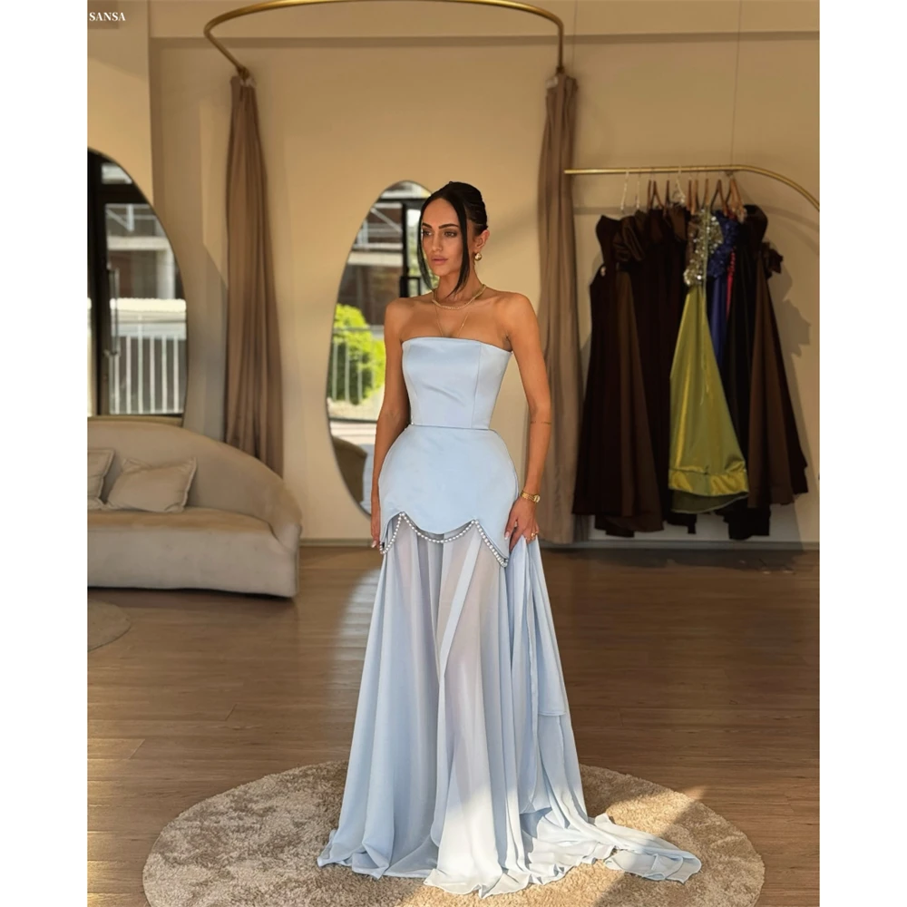 

Sansa Индивидуальные голубые платья трапециевидной формы без бретелек с жемчугом и шалью без рукавов Vestidos De Noche Вечернее платье длиной до пола