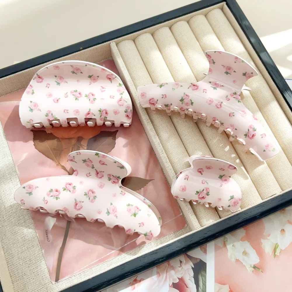Neue Rosa Blumenmuster Acetat Haarspange für Damen und Mädchen, Große und Kleine Schweißblumen-Haarklammer, Haarstyling-Accessoires, Geschenk – Detail 2