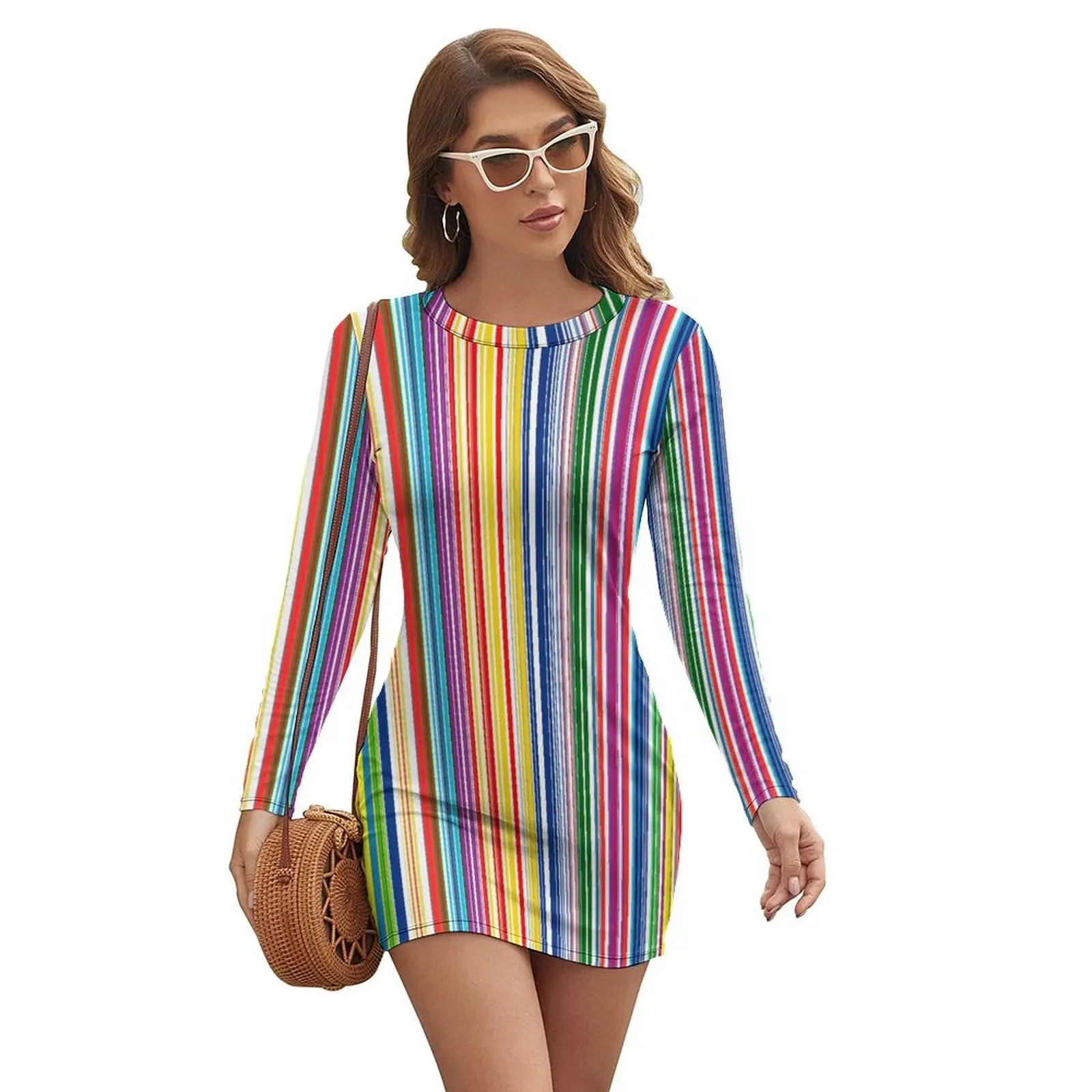 

Rainbow Stripes Dress Long Sleeve Colorful Lines Print Club Dresses Summer Female Aesthetic Design Bodycon Dress Big Size