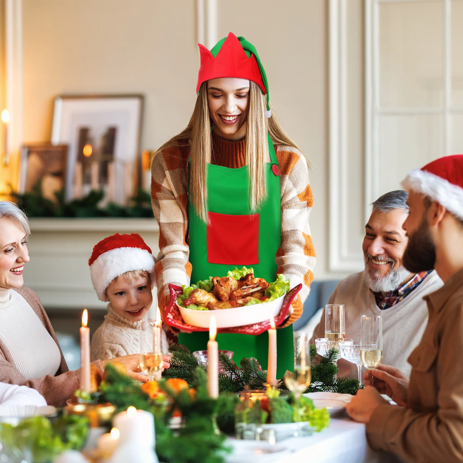 

Christmas Apron Hat Set Cute Kitchen Cooking Baking Dinner Restaurant Party Decorative Aprons Christmas Apron Party Aprons