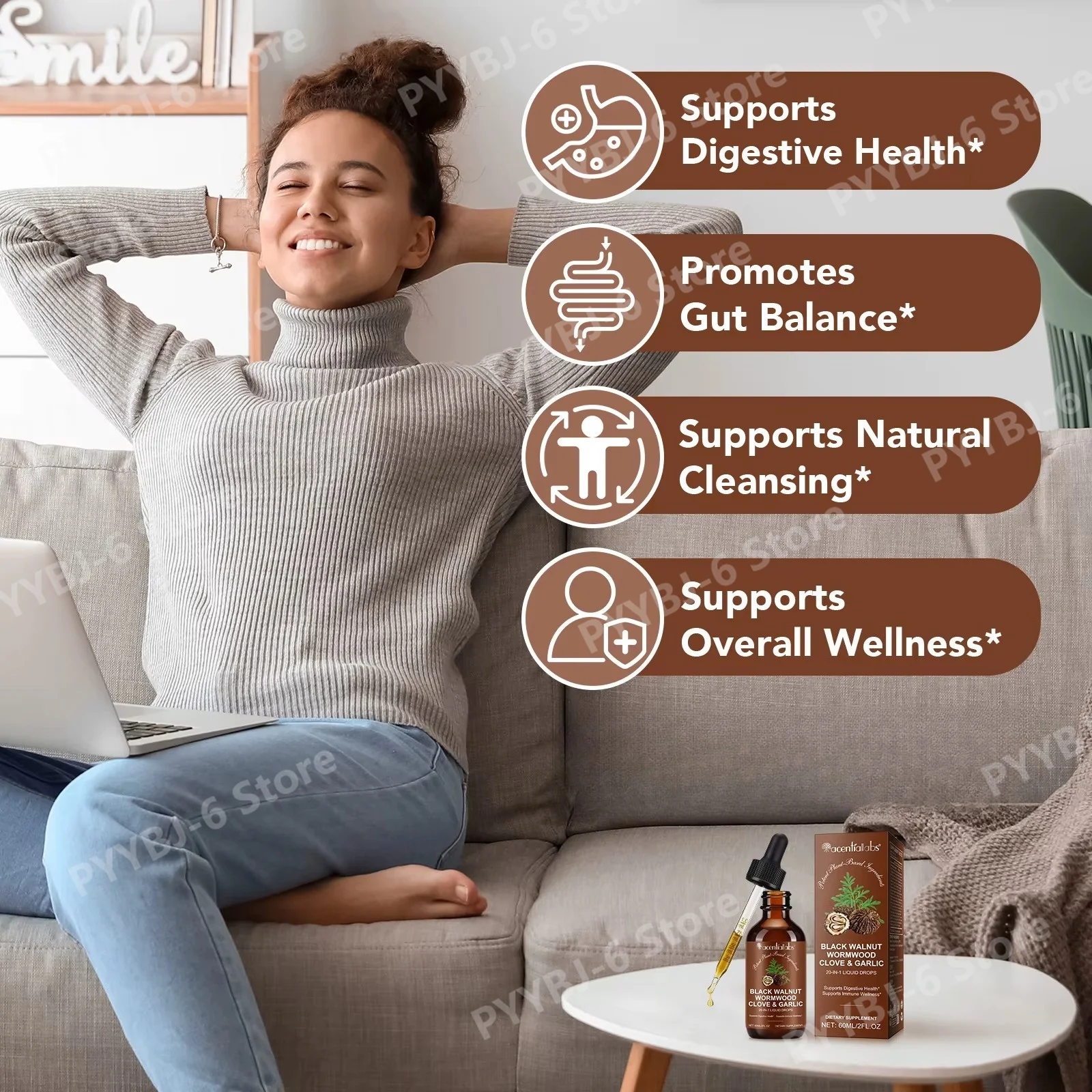 Acentialabs Black Walnut Wormwood Clove & Garlic Liquid Drops 20-in-1 Daily Supports Digestive Health and Gut Balance, 60 ML