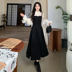 Casual Two-piece Set For Women White Blouse Tops And Cotton Black Sling Dresses Large Size Female Autumn Winter Loose Slim Suits