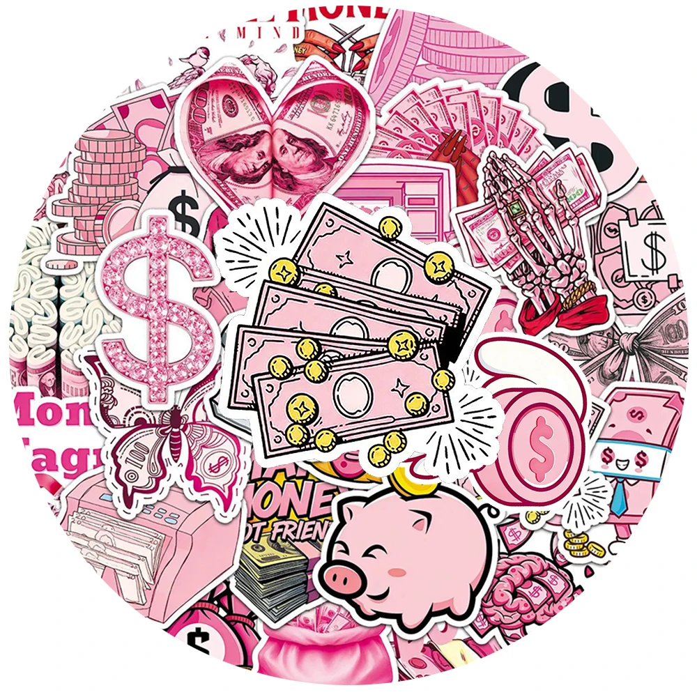 

10/30/50pcs Funny Pink Dollar Sign Graffiti Stickers I Love Money Cartoon Sticker Guitar Laptop Suitcase Phone Decals Decoration