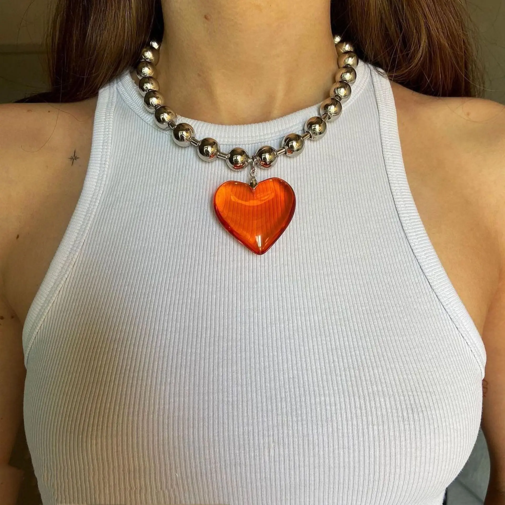 Collier pendentif en verre avec perle ronde pour femme, version coréenne, chaîne simple, clavicule, amour, littéraire, hip hop, Ins
