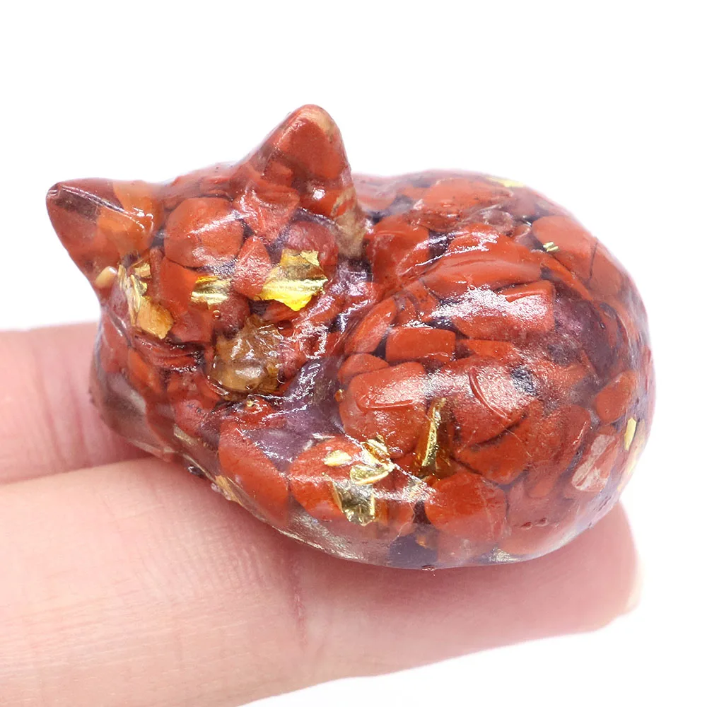 38mm Sleeping Cat Statue Natural Crystal Stone Resin covered Healing Gems Gravel Figurine Home Decor Desk Ornament Children Gift