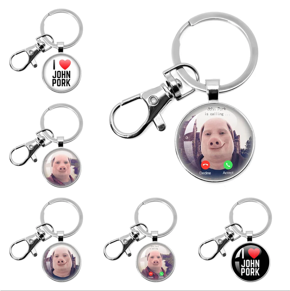 30MM Car Keyring John Pork is Calling Answer Call Phone Humor Funny Pig Animal Lovers Meme Glass Cabochon Keychain Jewelry Gifts