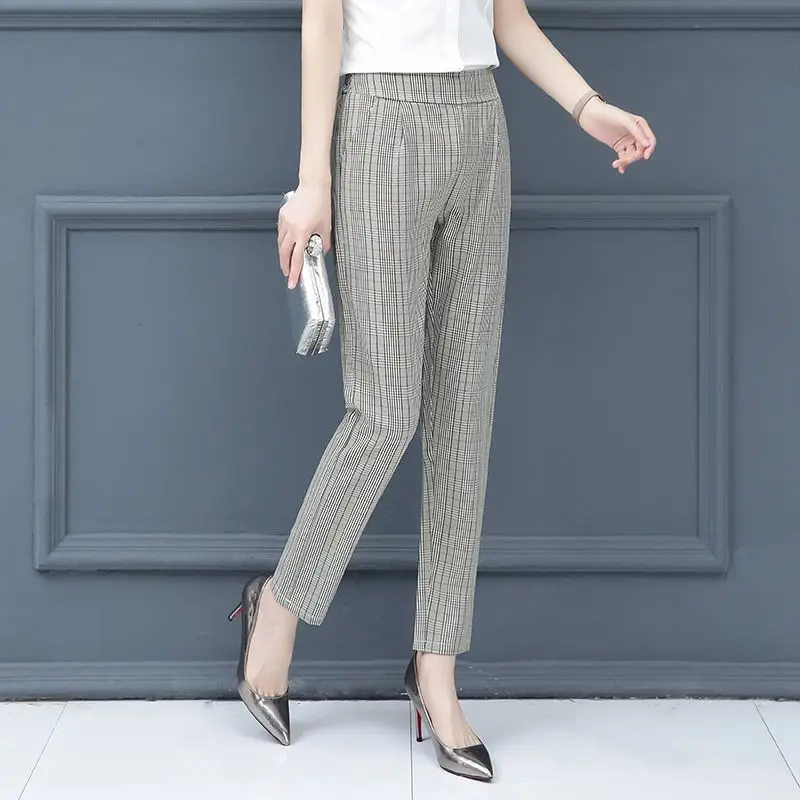 Spring Autumn Women\'s Clothing Striped Plaid Pockets Elastic High Waisted Contrast Color Straight Trouser Suits Vacation Pants