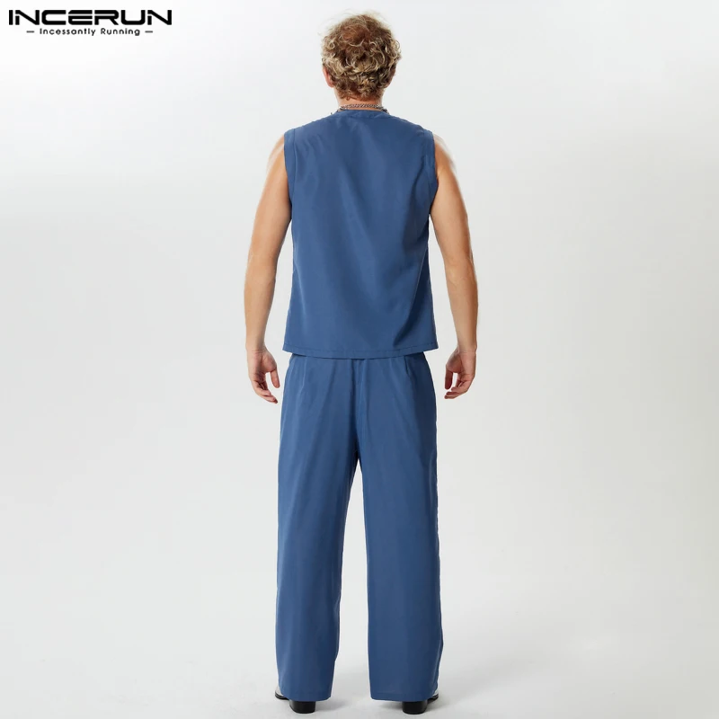 INCERUN Men Sets Summer Solid Color O-neck Sleeveless Tank Tops & Pants Two Pieces Sets Streetwear 2024 Fashion Men Casual Suits