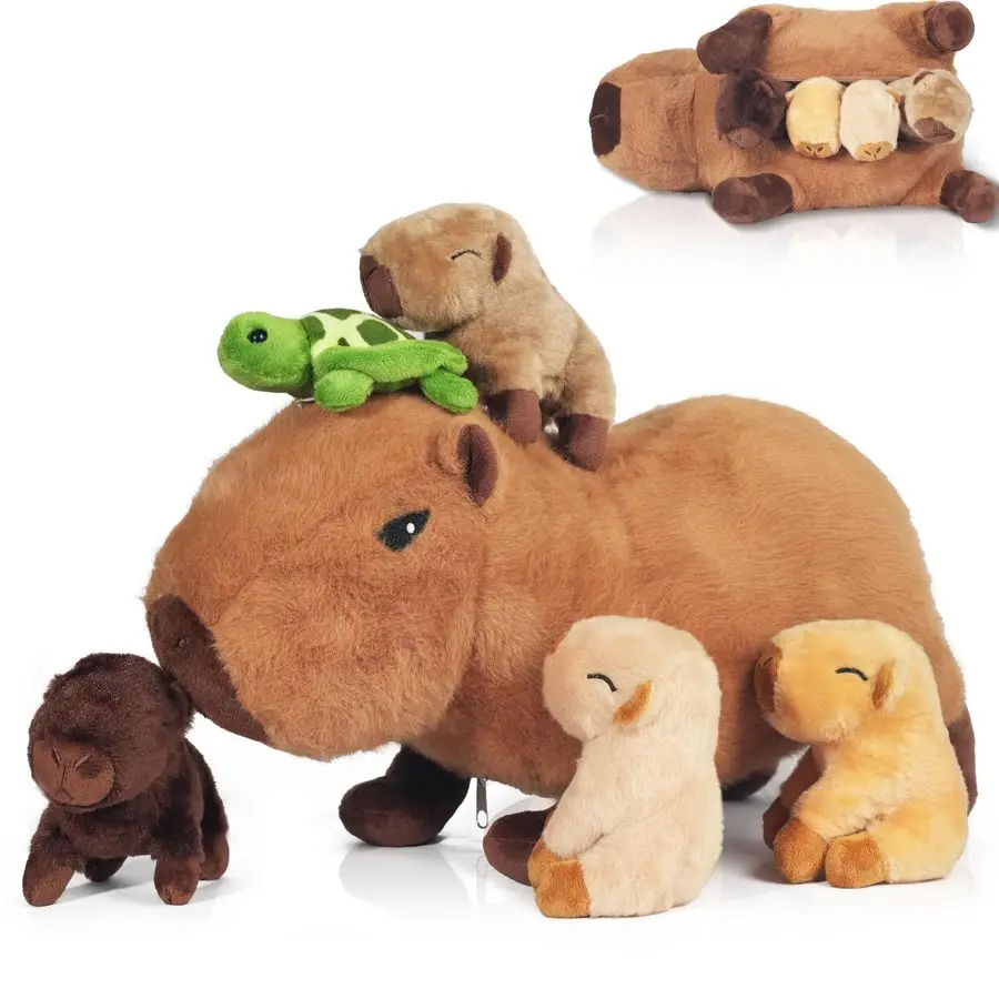 1 Capibara Pluche, 14,2 inch Capibara Knuffeldier met Baby's in Mama's Knuffel Capibara Pluche Kussen Speelgoed met 4 B