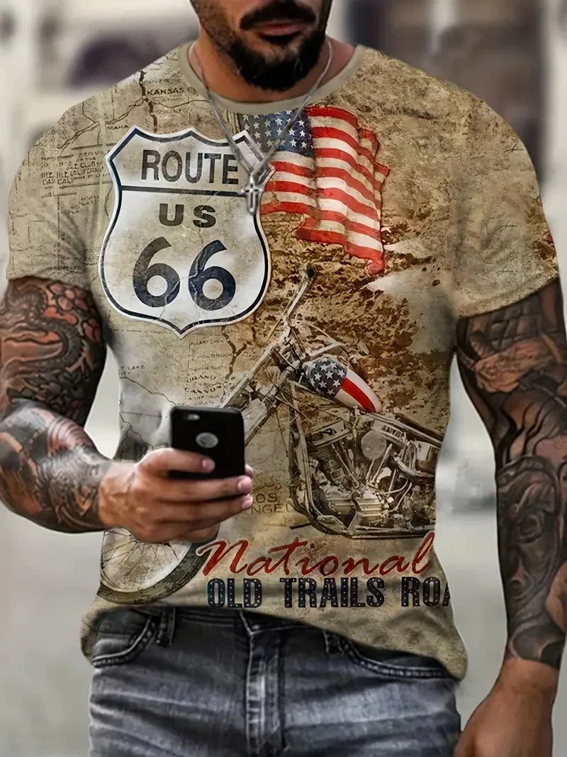 Vintage 66 Route T-Shirt for Men 3D Printed Biker Motor Men's T Shirts Oversized T Shirt Route 66 Racing Short Sleeve Camiseta