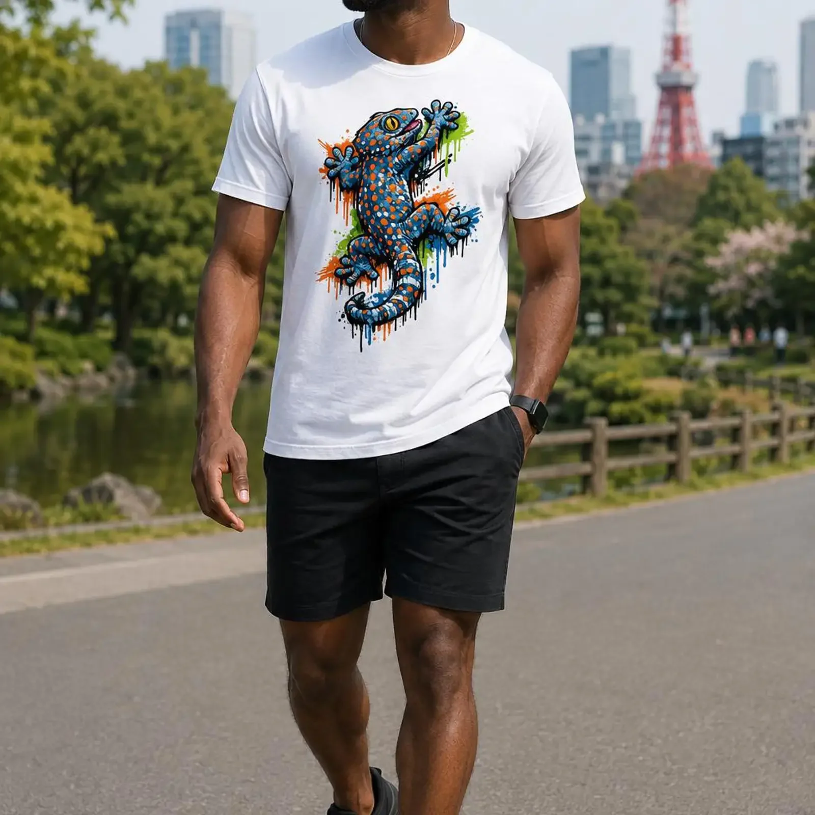 Men's White  T Shirt Colorful Blue Gecko Orange Spots Graffiti Paint Splatter Casual vintage Washed Soft designer clothes