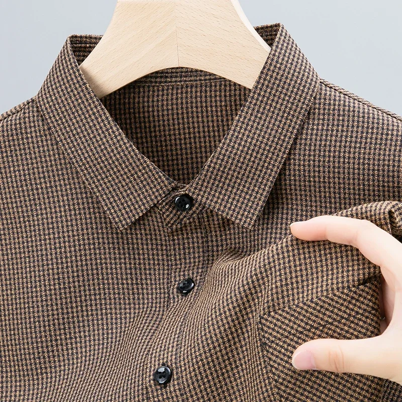 

Рубашка мужская с отложным воротником, повседневная небольшая клетчатая блузка с длинными рукавами, без необходимости глажки, на весну и осень