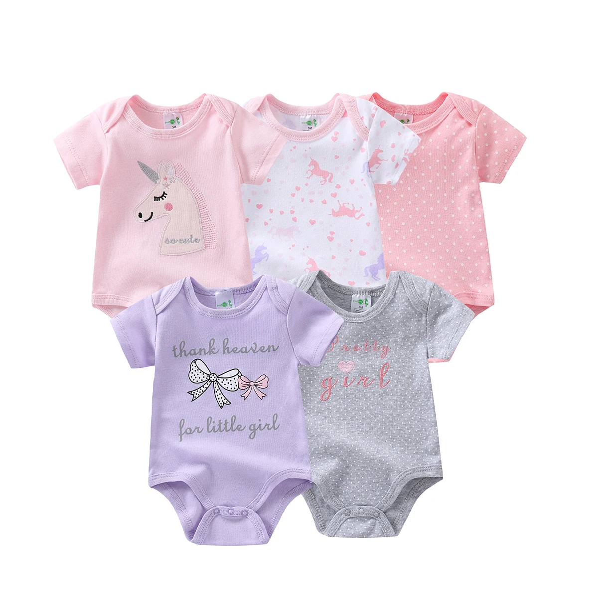 女の赤ちゃん用ロンパース5点セット、かわいいユニコーン柄の半袖女の赤ちゃん用衣装、柔らかく快適なコットン製、女の赤ちゃんに適しており、屋外着用に最適です。