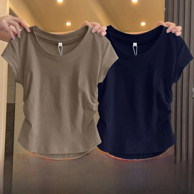 Women's Short Sleeve T-Shirt 2026 New Summer Slim Fit Single Wear Waist-Cinching Design  Color Versatile Body-Shaping Top