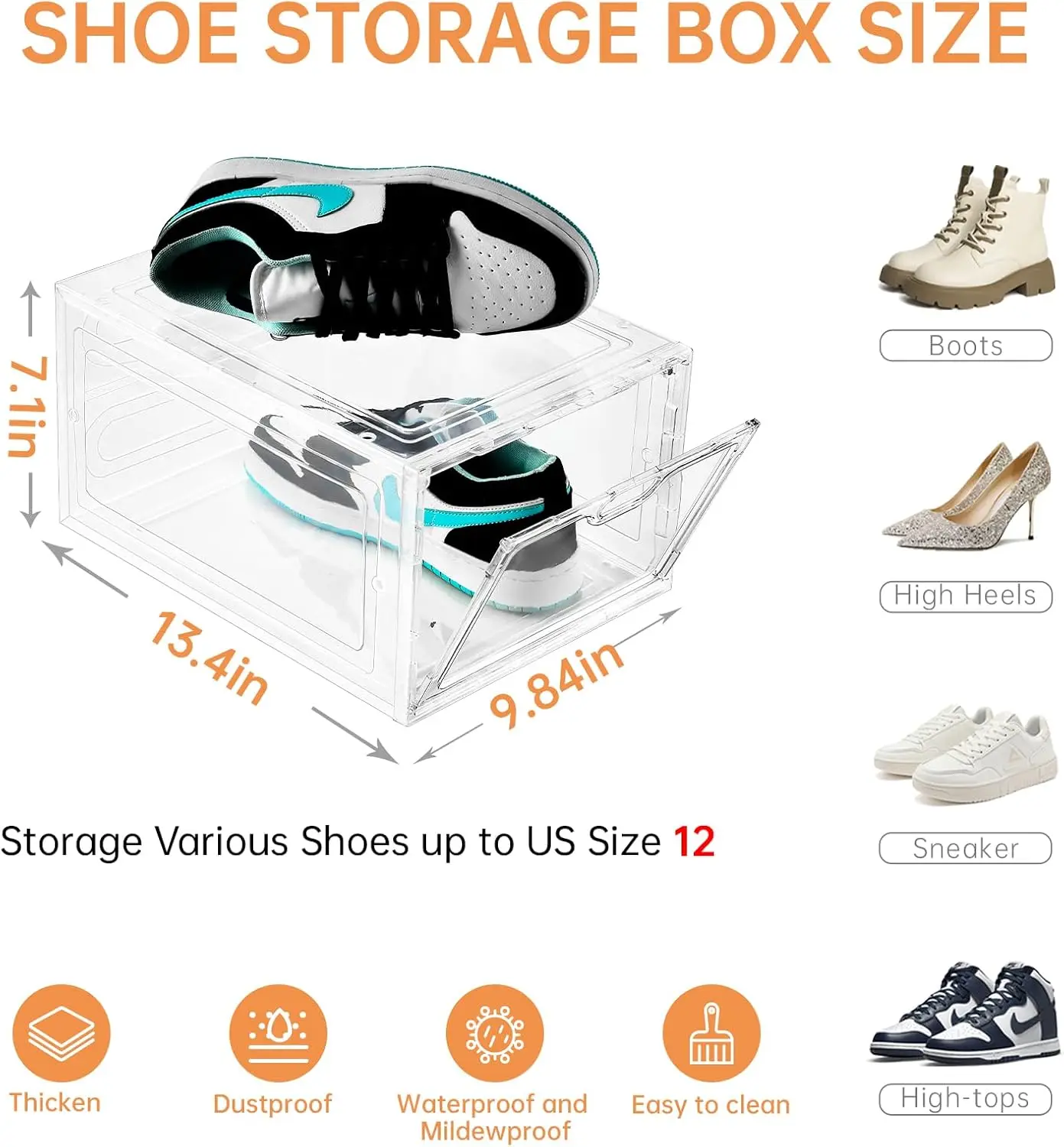 Cajas de almacenamiento de zapatos, cajas transparentes apilables con puertas, contenedores organizadores para zapatillas, aptas para hombres y mujeres de EE. UU., 12 paquetes