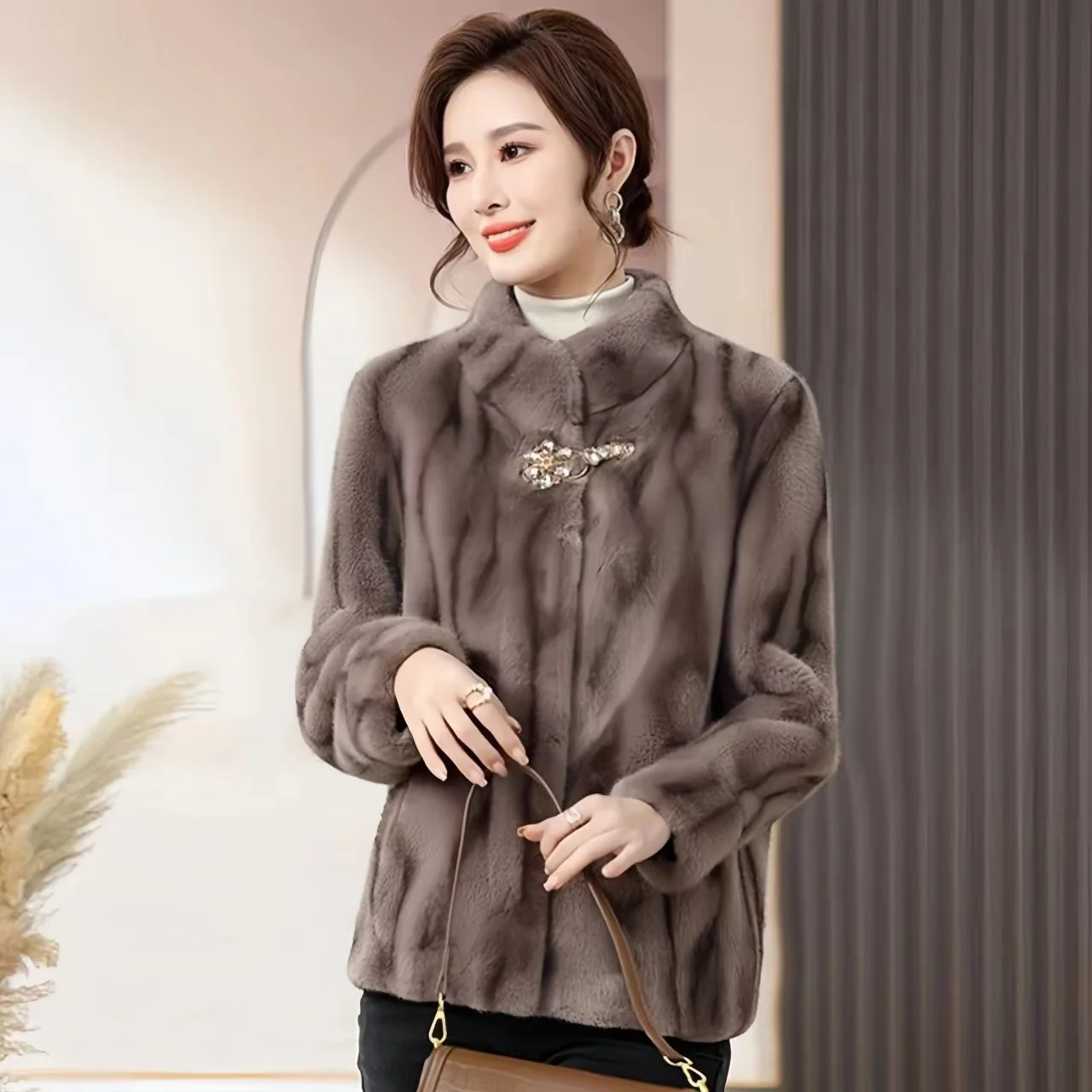 Faux Mink Fur Coats for Women,Covered Button Jackets,Female Overcoat,Thicken Warm Clothes,O-Neck,New,Winter