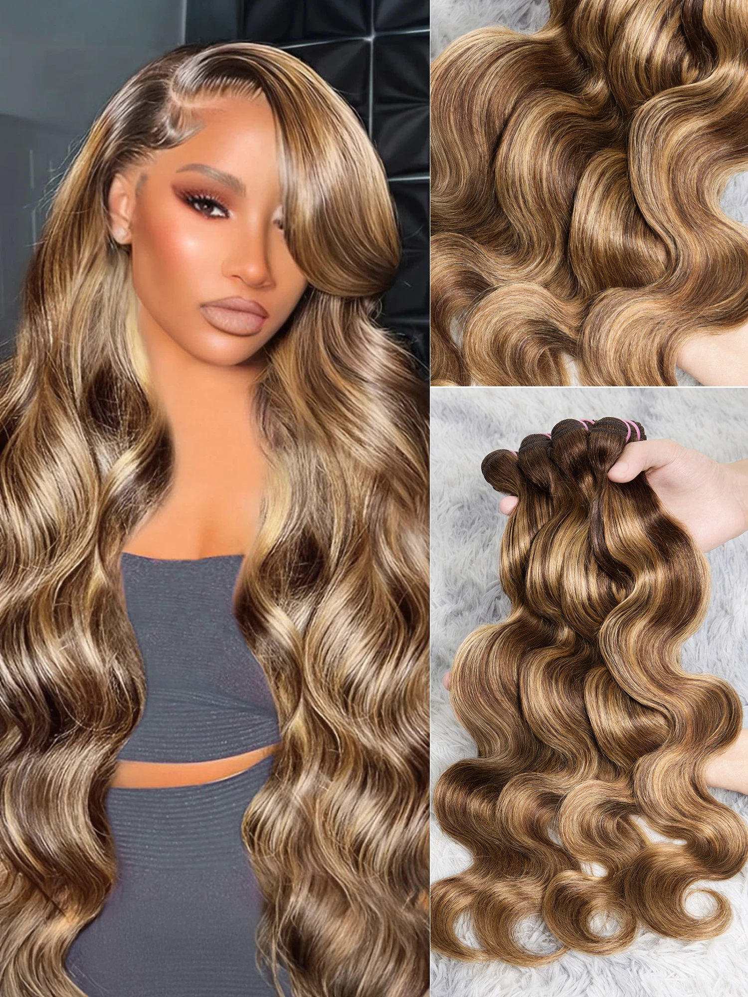 Mèches Body Wave avec Ombré et Mèches claires, 100 % Cheveux Humains Réels, Colorés P4/27 Blond Miel, Cheveux Bruts Brésiliens, Extensions