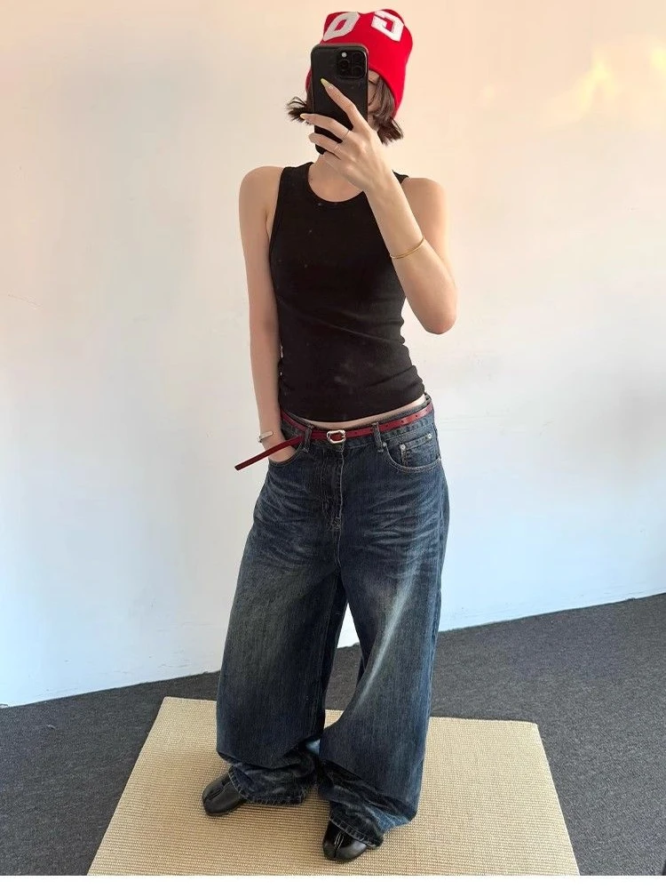 女性のレトロブルーストレートだぶだぶのジーンズストリート日常着ヴィンテージズボンクールガールボトムス女性ハイウエストワイドレッグパンツ