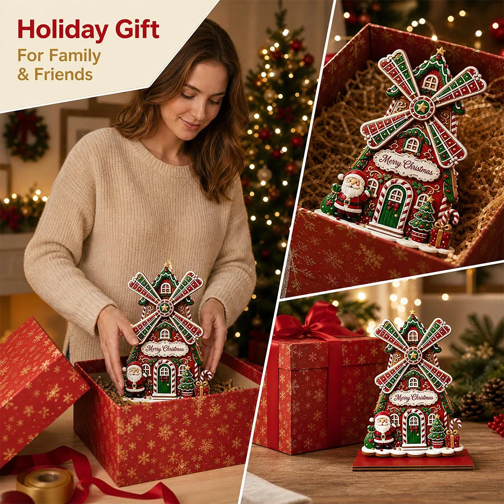 Christmas Romantic Windmill Castle Ornament, Santa Claus Creative Wooden Windmill Ornament with Rotating Blades for Desktop Decoration, Christmas Atmosphere Decoration Gift Ornament, Multi-Color Options, Rotating Creative Windmill Decoration, Suitable for Holiday Decorations, Christmas Gifts, Birthday Gifts, Party Favors
