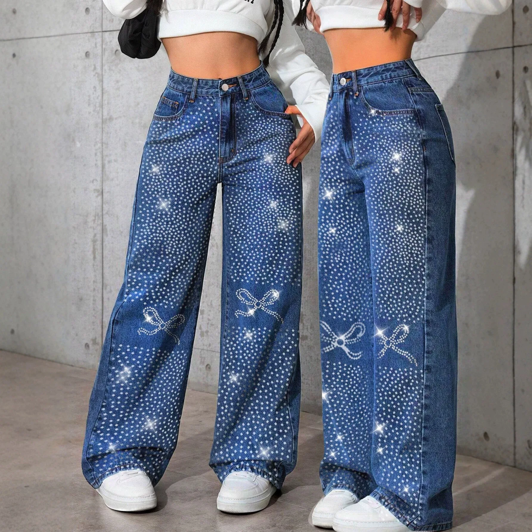 Retro Women's Baggy Blue Jeans Autumn Winter New Fashion Hot Diamond Butterfly Loose Straight Pants Casual Denim Trousers