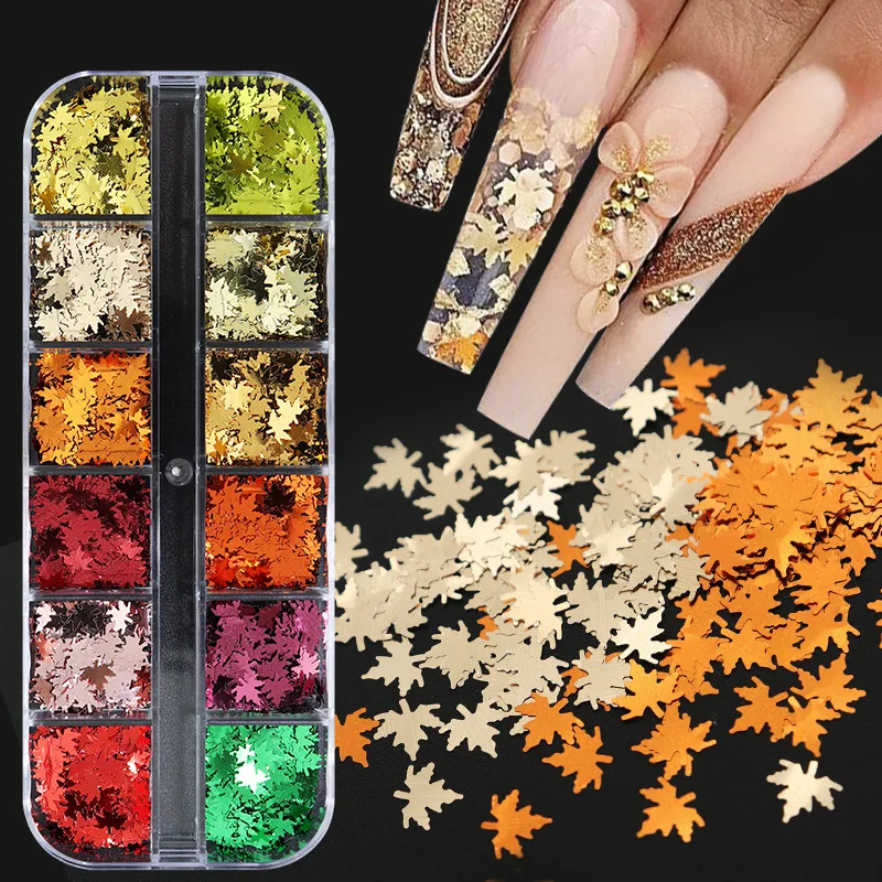 12 Grids Mixed Maple Leaves Nail Art Sequins Flake DIY Decoration for Nail Stylist Supplies Accessories