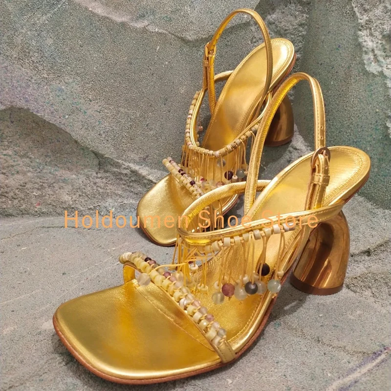 

Women's Gold String Bead Square Toe Strange Style Heel Sandals Ethnic Style Summer High Heel Sandals Elegant Banquet Dress Shoes