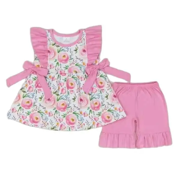 Conjunto de mangas curtas florais e shorts para bebês, roupas de verão, crianças, boutique infantil, nova chegada, atacado