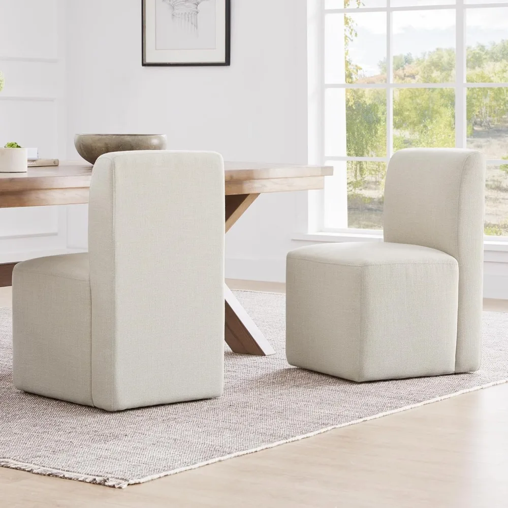 

Dining Chairs with Casters Set of 2, FSC Certified Upholstered Armless Modern Rolling Dining Chairs with Rollers for Bedroom Re
