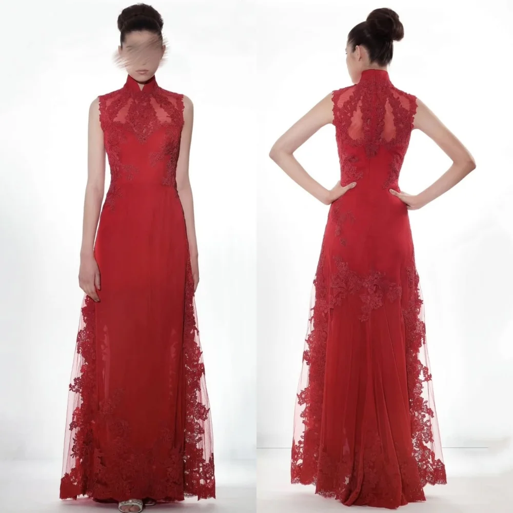 

Customized Net Applique High Collar A-line Long Dresses Bespoke Occasion Wedding Gown Party Elegant Chinese Style Formal