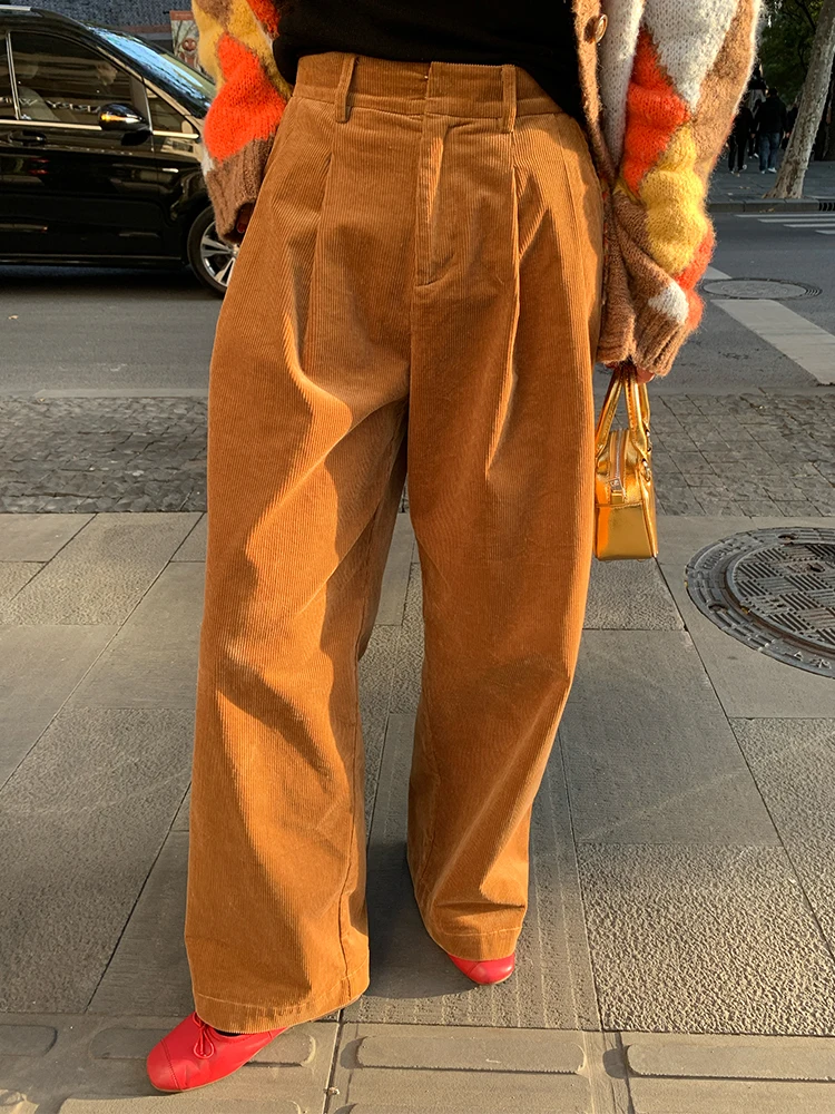 Corduroy Wide Leg Pants Women's High Waist Casual Trousers Fashionable 2025 New Small Size Commuter Style Pocket Detail