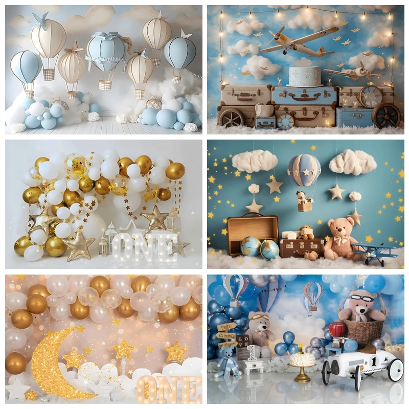 Miś balon tło niestandardowe chmura gwiazda Baby Shower dekoracje na przyjęcie urodzinowe baner portret dziecka fotografia tło Studio